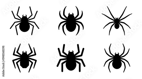 collection of spider, 6 filled black minimal icon vector set , white background , PNG and SVG isolate