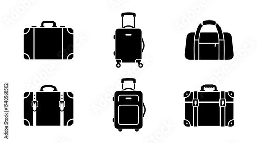 collection of suitcase, 6 filled black minimal icon vector set , white background , PNG and SVG isolate