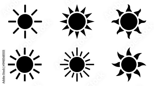 collection of sun, 6 filled black minimal icon vector set , white background , PNG and SVG isolate