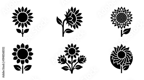collection of sunflower, 6 filled black minimal icon vector set , white background , PNG and SVG isolate