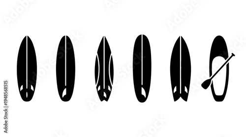 collection of surfboard, 6 filled black minimal icon vector set , white background , PNG and SVG isolate