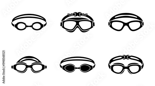 collection of swimming goggles, 6 filled black minimal icon vector set , white background , PNG and SVG isolate