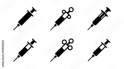 collection of syringe, 6 filled black minimal icon vector set , white background , PNG and SVG isolate