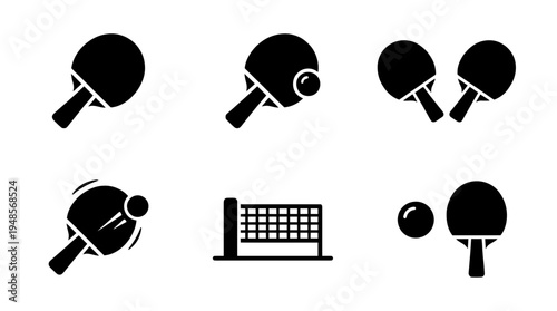 collection of table tennis paddle, 6 filled black minimal icon vector set , white background , PNG and SVG isolate