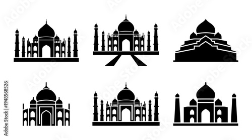 collection of taj mahal, 6 filled black minimal icon vector set , white background , PNG and SVG isolate