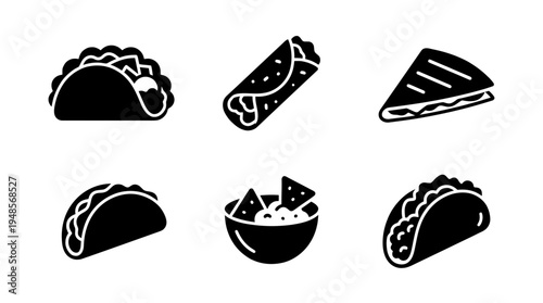 collection of taco, 6 filled black minimal icon vector set , white background , PNG and SVG isolate