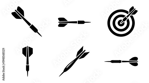 collection of target dart, 6 filled black minimal icon vector set , white background , PNG and SVG isolate