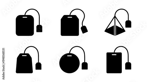 collection of tea bag, 6 filled black minimal icon vector set , white background , PNG and SVG isolate