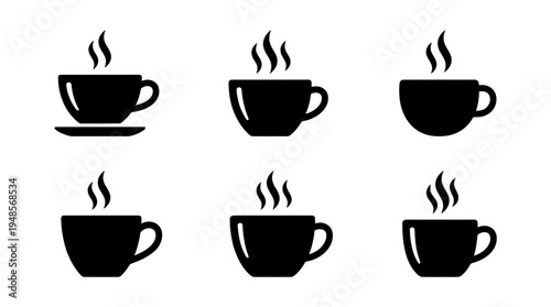 collection of teacup, 6 filled black minimal icon vector set , white background , PNG and SVG isolate