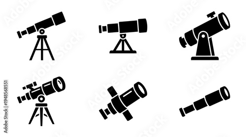 collection of telescope, 6 filled black minimal icon vector set , white background , PNG and SVG isolate