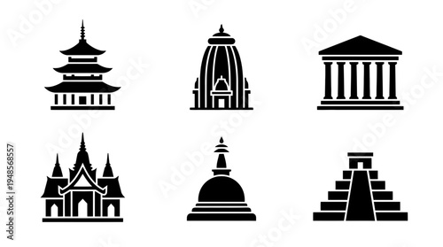 collection of temple, 6 filled black minimal icon vector set , white background , PNG and SVG isolate