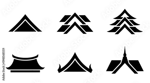 collection of temple roof, 6 filled black minimal icon vector set , white background , PNG and SVG isolate