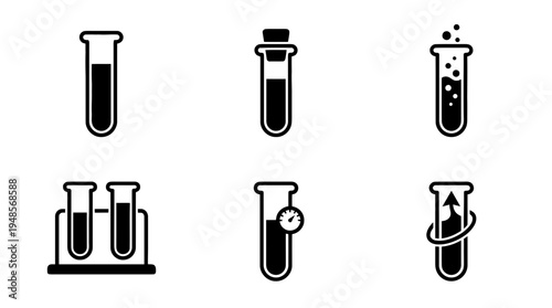collection of test tube, 6 filled black minimal icon vector set , white background , PNG and SVG isolate