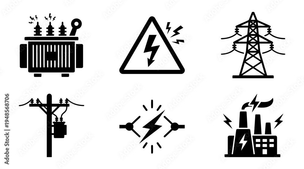 Fototapeta premium collection of transformer high voltage, 6 filled black minimal icon vector set , white background , PNG and SVG isolate