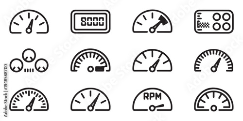 Speedometer icons. car speed and rpm meter. dashboard gauge symbols. vehicle indicator collection