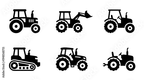 collection of tractor, 6 filled black minimal icon vector set , white background , PNG and SVG isolate
