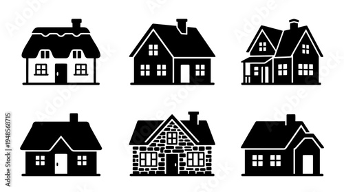 collection of traditional cottage, 6 filled black minimal icon vector set , white background , PNG and SVG isolate