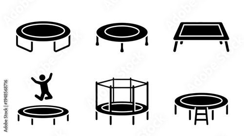 collection of trampoline, 6 filled black minimal icon vector set , white background , PNG and SVG isolate
