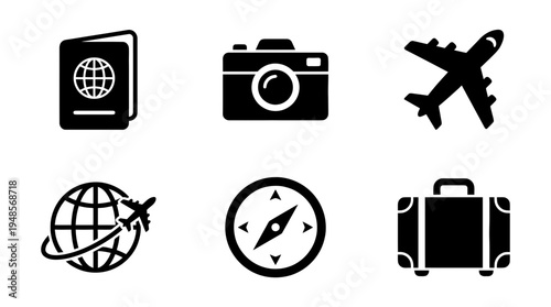 collection of travel journal, 6 filled black minimal icon vector set , white background , PNG and SVG isolate