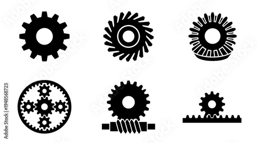 collection of transmission gear, 6 filled black minimal icon vector set , white background , PNG and SVG isolate