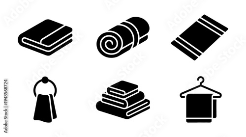 collection of towel, 6 filled black minimal icon vector set , white background , PNG and SVG isolate