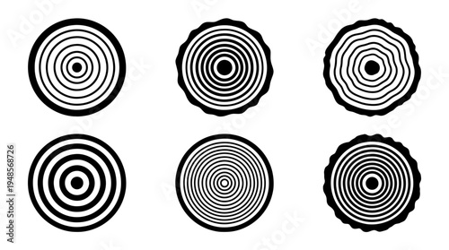 collection of tree ring, 6 filled black minimal icon vector set , white background , PNG and SVG isolate