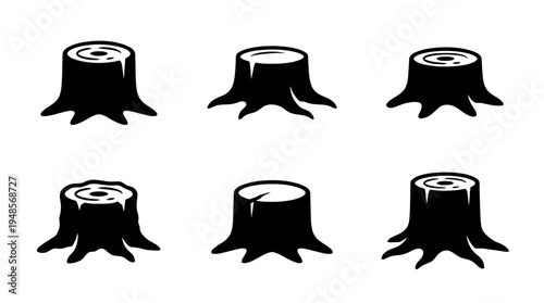 collection of tree stump, 6 filled black minimal icon vector set , white background , PNG and SVG isolate