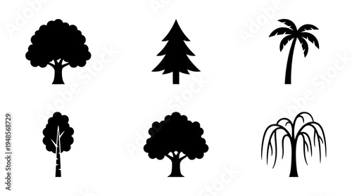 collection of tree, 6 filled black minimal icon vector set , white background , PNG and SVG isolate