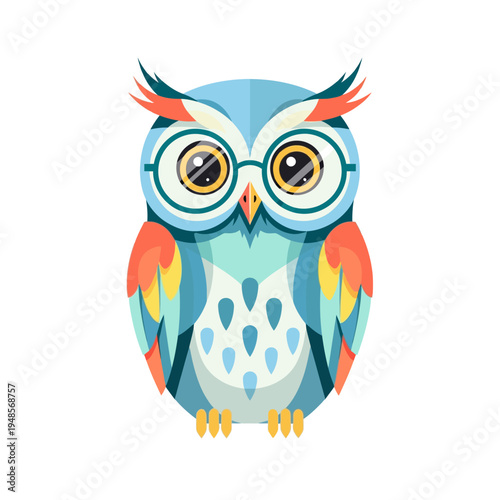 Colorful and cute wise owl cartoon character wearing glasses, representing wisdom, knowledge, and education in a playful graphic design style with vibrant colors