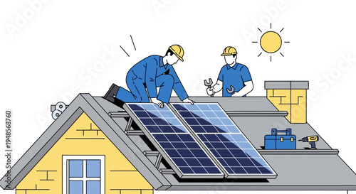 Solar Panel Installation on Residential Roof by Professional Technicians, Sustainable Green Energy and Home Improvement Concept Illustration