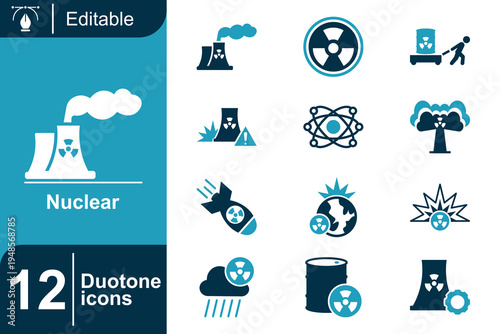 Nuclear icon set. Nuclear power plant, radioactive warning, atomic research science, radiation hazard symbol, nuclear technology process and more. Duotone vector icons collection.