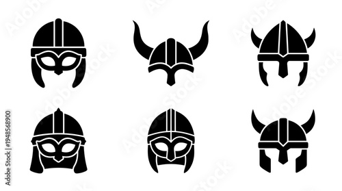 collection of viking helmet, 6 filled black minimal icon vector set , white background , PNG and SVG isolate