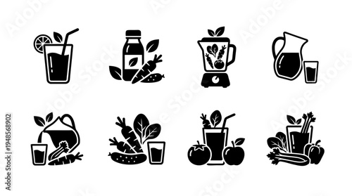 collection of vegetable juice, 6 filled black minimal icon vector set , white background , PNG and SVG isolate