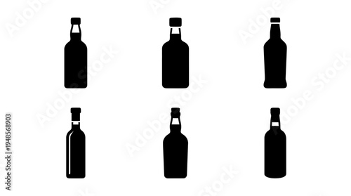 collection of vodka bottle, 6 filled black minimal icon vector set , white background , PNG and SVG isolate