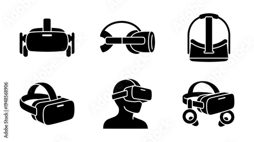 collection of virtual reality headset, 6 filled black minimal icon vector set , white background , PNG and SVG isolate
