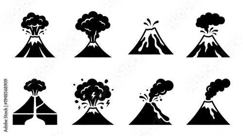 collection of volcano eruption, 6 filled black minimal icon vector set , white background , PNG and SVG isolate