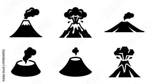 collection of volcano, 6 filled black minimal icon vector set , white background , PNG and SVG isolate