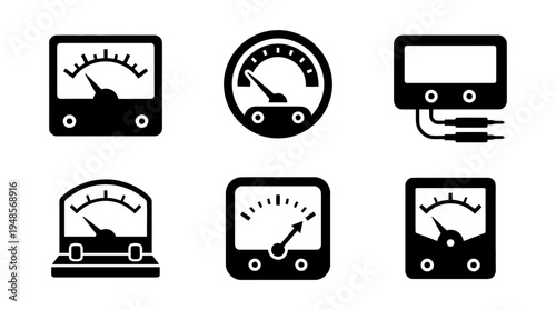 collection of volt meter, 6 filled black minimal icon vector set , white background , PNG and SVG isolate