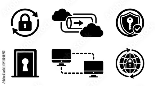 collection of vpn tunnel, 6 filled black minimal icon vector set , white background , PNG and SVG isolate
