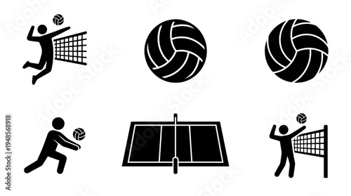 collection of volleyball, 6 filled black minimal icon vector set , white background , PNG and SVG isolate
