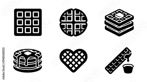 collection of waffle, 6 filled black minimal icon vector set , white background , PNG and SVG isolate
