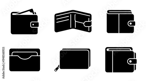 collection of wallet, 6 filled black minimal icon vector set , white background , PNG and SVG isolate