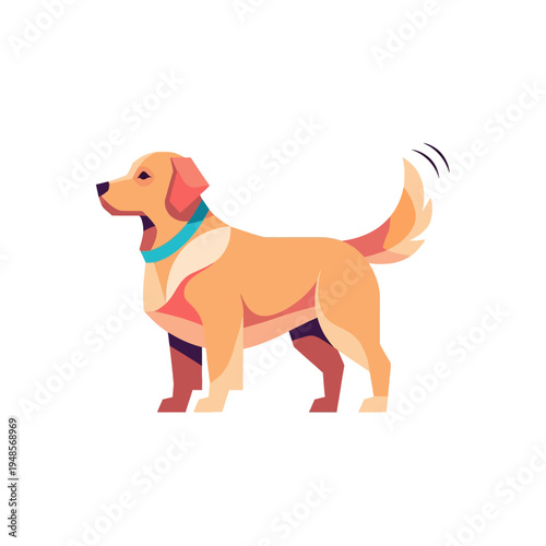 Friendly golden retriever dog illustration, cute pet animal with blue collar wagging its tail, cartoon style