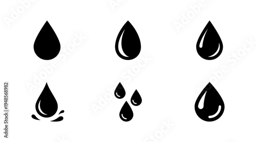 collection of water drop, 6 filled black minimal icon vector set , white background , PNG and SVG isolate