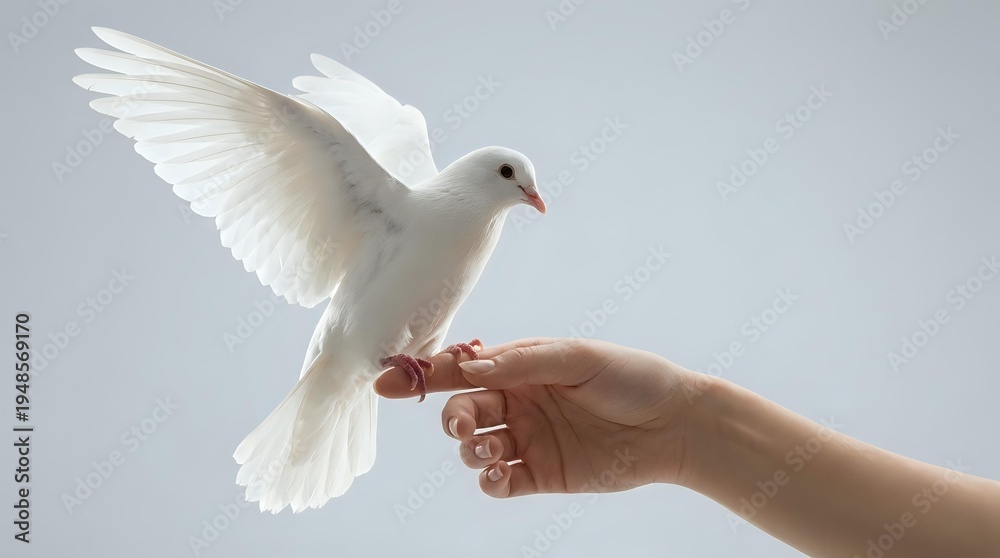 Fototapeta premium White dove landing on outstretched human hand against clean background symbolizing peace, freedom, hope and spiritual connection in gentle natural light.