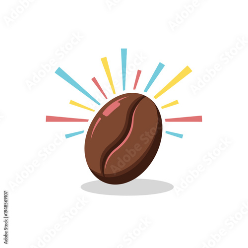 Bright and lively graphic of a single coffee bean, highlighted with cheerful abstract rays, evoking the rich aroma and delightful experience of coffee