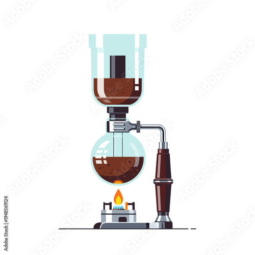 Detailed illustration of a sophisticated siphon coffee maker, showcasing the unique vacuum brewing process with a flame, creating a rich and flavorful hot beverage