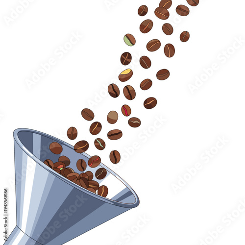 Roasted coffee beans cascading into a funnel, illustrating the process of coffee preparation or a coffee-themed concept