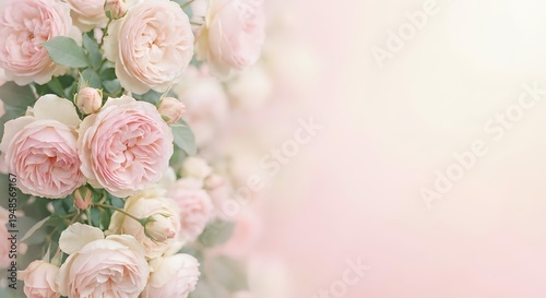 Soft pink roses with green leaves on dreamy blurred background for romantic wedding invitations, greeting cards, feminine branding and spring celebrations.