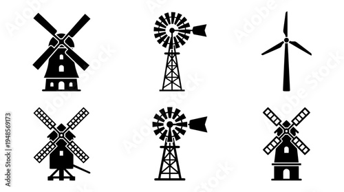 collection of windmill, 6 filled black minimal icon vector set , white background , PNG and SVG isolate